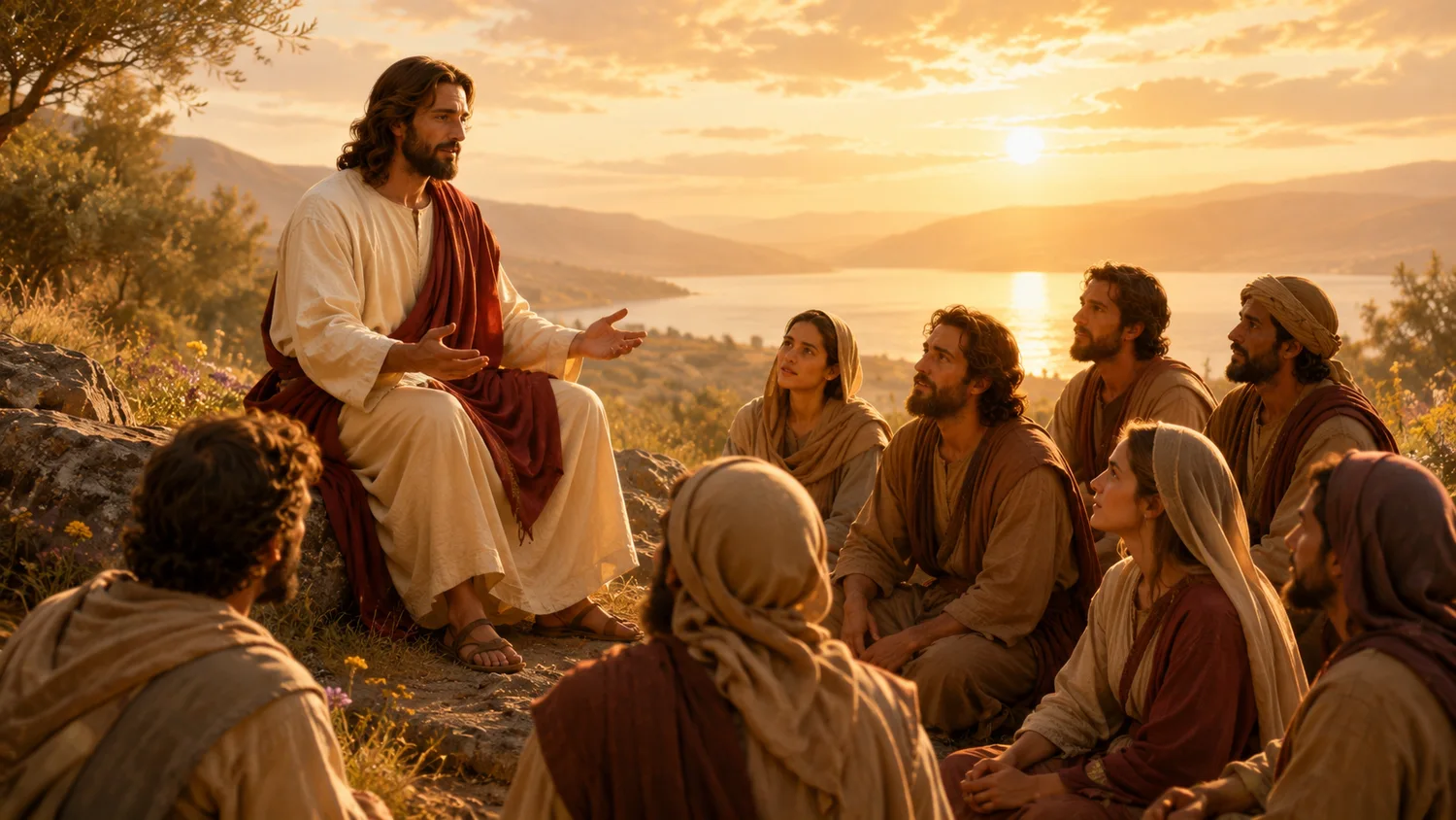 Jesus teaching disciples in the light of evening